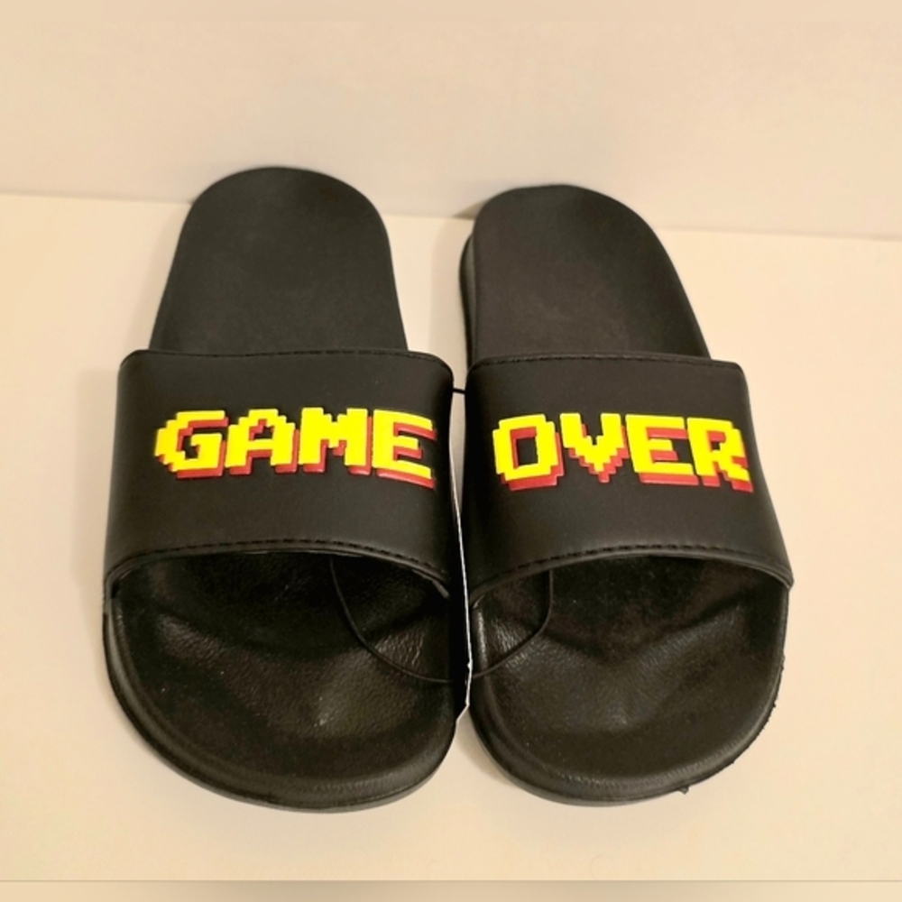 NEW Boy's Game Over Slides Sandals Black‎ & Yellow Size 13/1